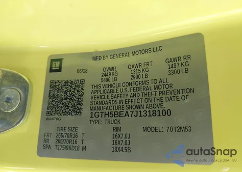 2018 GMC Canyon z USA, uszkodzony, nr VIN 1GTH5BEA7J1318100